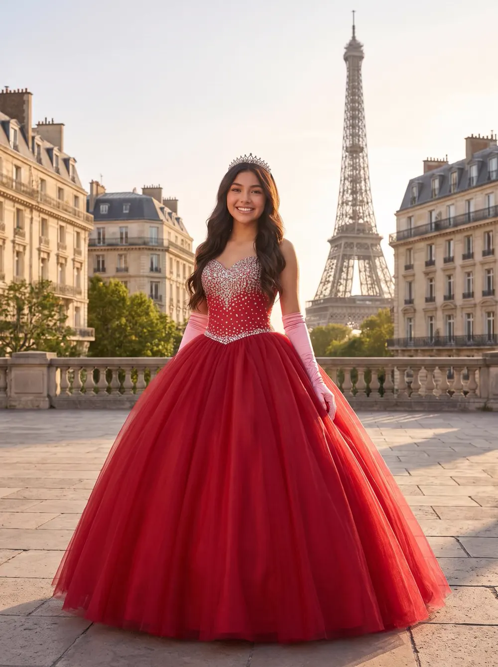 Quinceañera con vestido rosa en París
